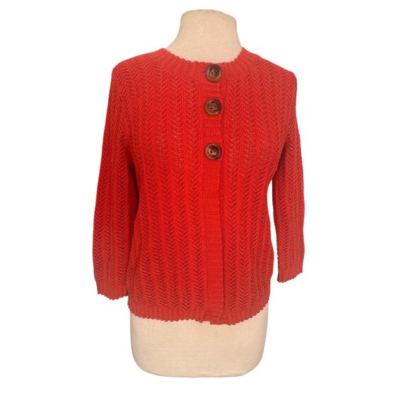 Jones New York Signature Women’s Red Open Knit Button Front Cardigan Sweater 100 - Picture 2 of 9